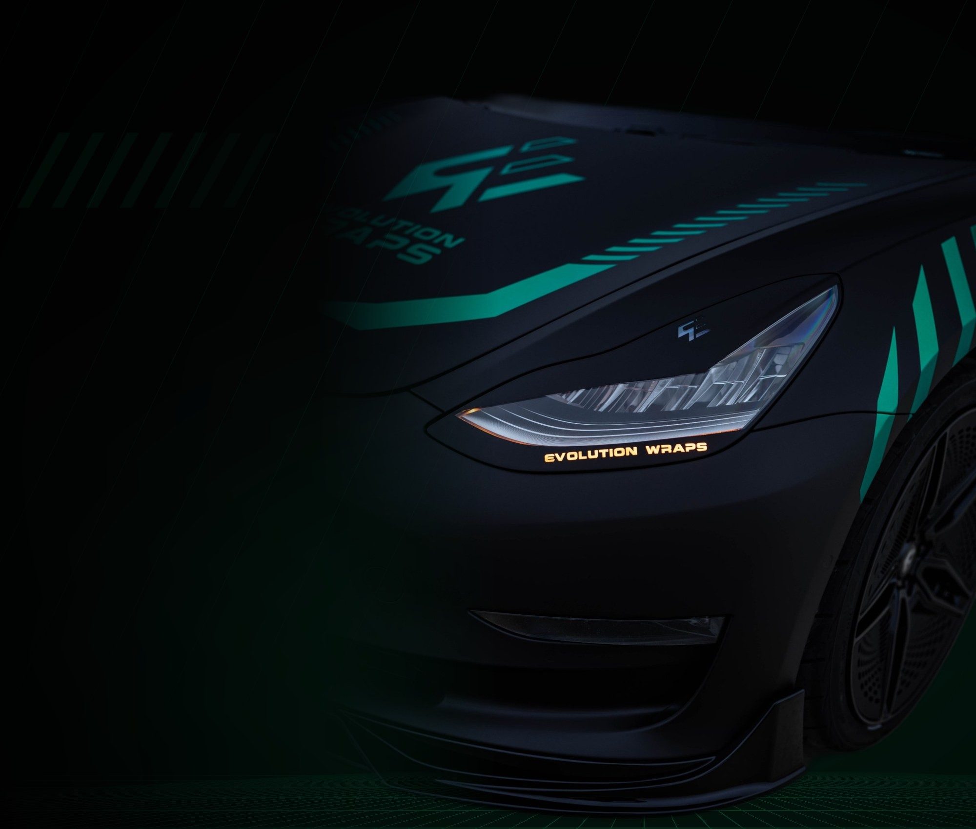 Tesla Model 3 headlight with Evolution Wraps lettering and teal livery